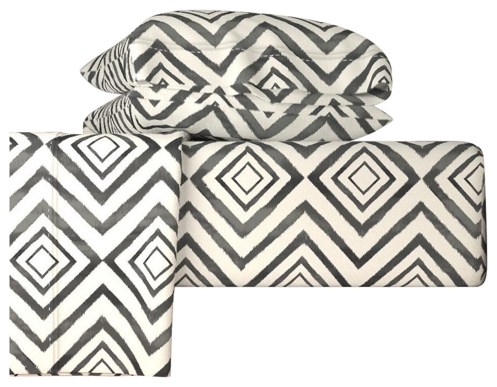 Diamond Ikat Black And White White Ikat 4pc Cotton Sheet Set, Queen