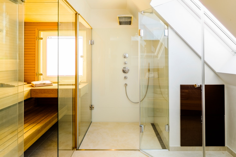 This is an example of a large contemporary bathroom in Hanover with white walls and with a sauna.