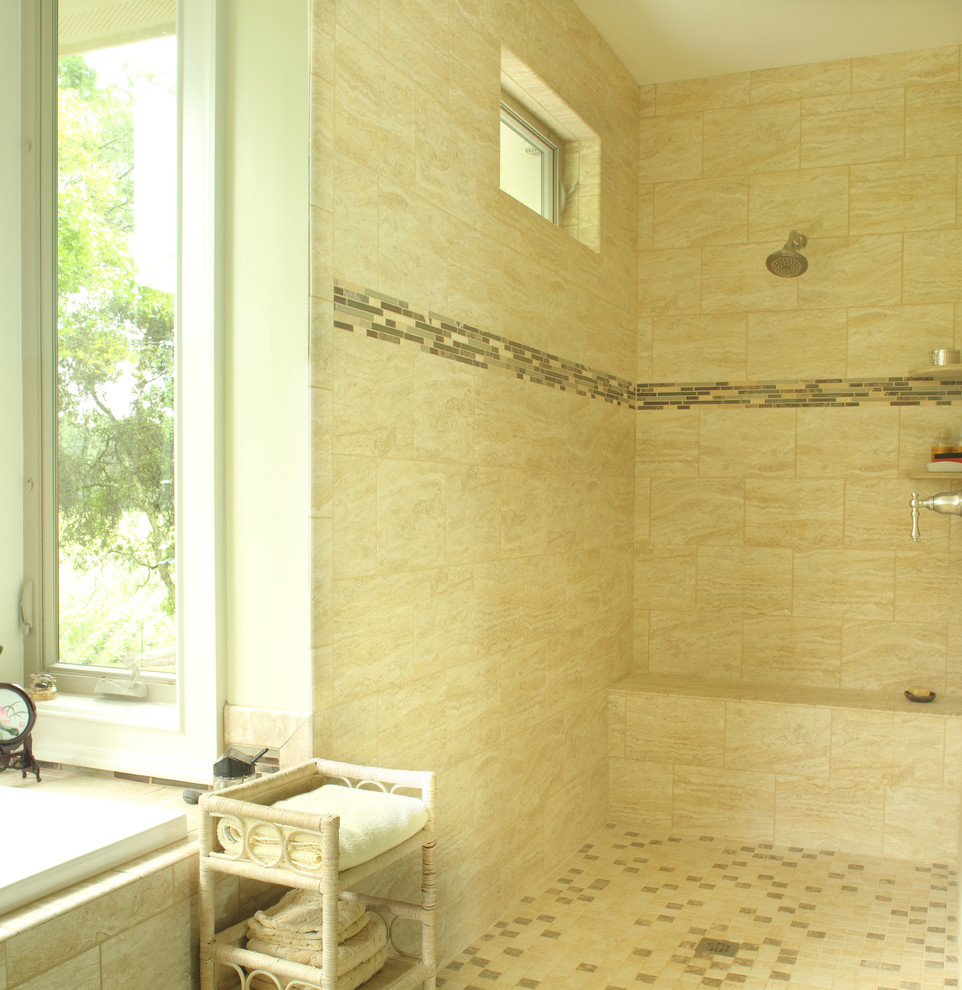 Mid-sized country master bathroom in Charleston with an open shower, beige tile, porcelain tile and porcelain floors.
