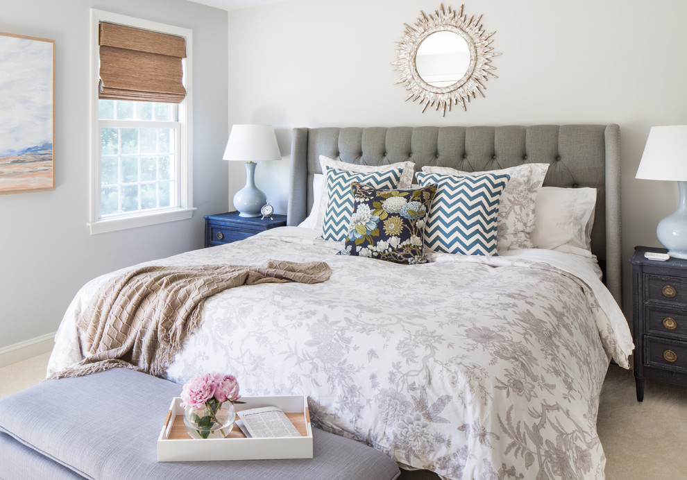 Inspiration for a transitional bedroom in Providence with grey walls and carpet.