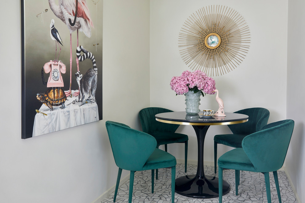 This is an example of a small eclectic separate dining room in Melbourne with white walls, porcelain floors and grey floor.