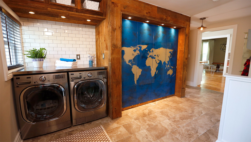 Mudroom - small transitional ceramic tile mudroom idea in Toronto with beige walls