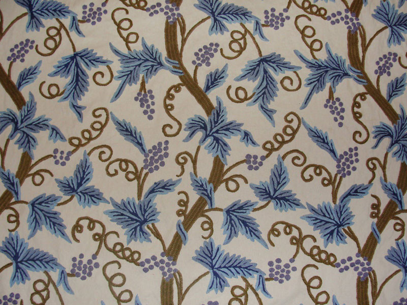 Crewel Fabric Grapevine Blue on Off White Cotton Duck- Yardage, Yard