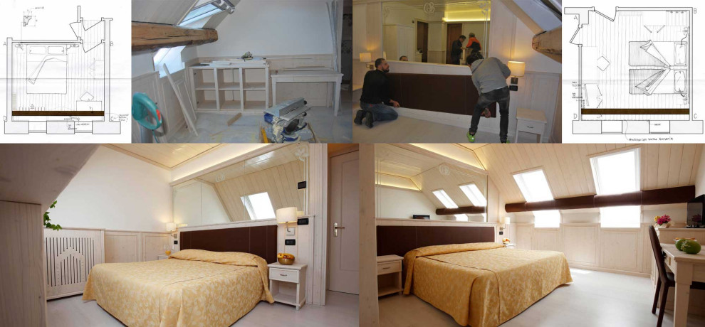 Пример оригинального дизайна: хозяйская спальня среднего размера на мансарде в классическом стиле с полом из ламината и деревянными стенами