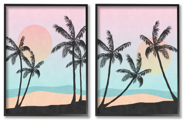 Tropical Sunset Sunrise Palm Tree Beach Illustration, 2pc, 11