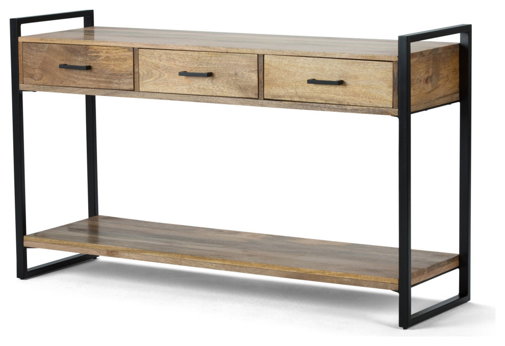Modern Farmhouse Console Table, Mango Wood Top & 3 Deep Storage Drawers