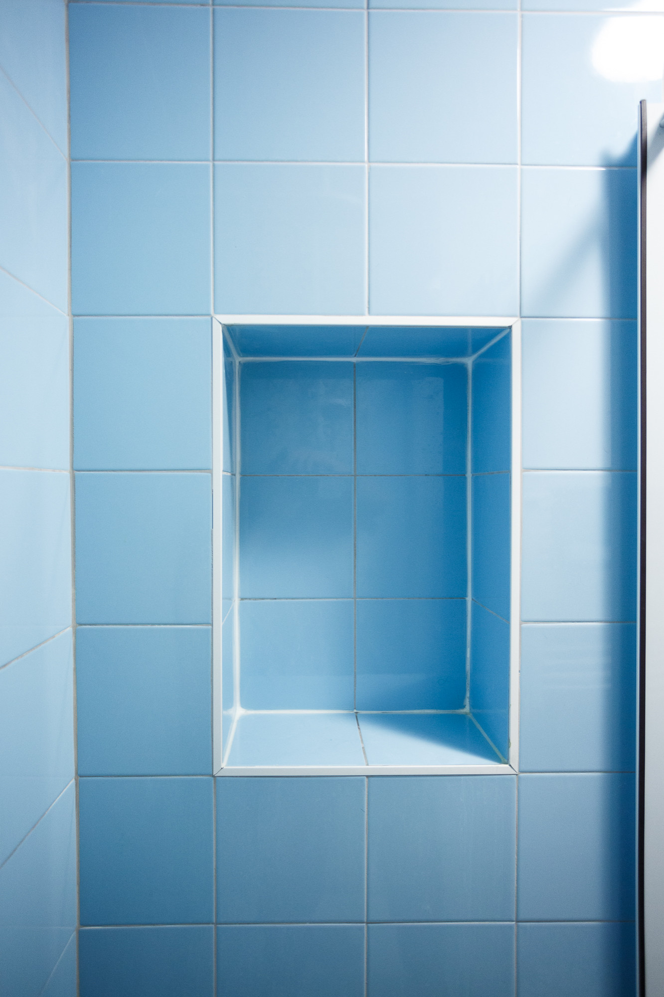 une salle de bain bleu et blanche