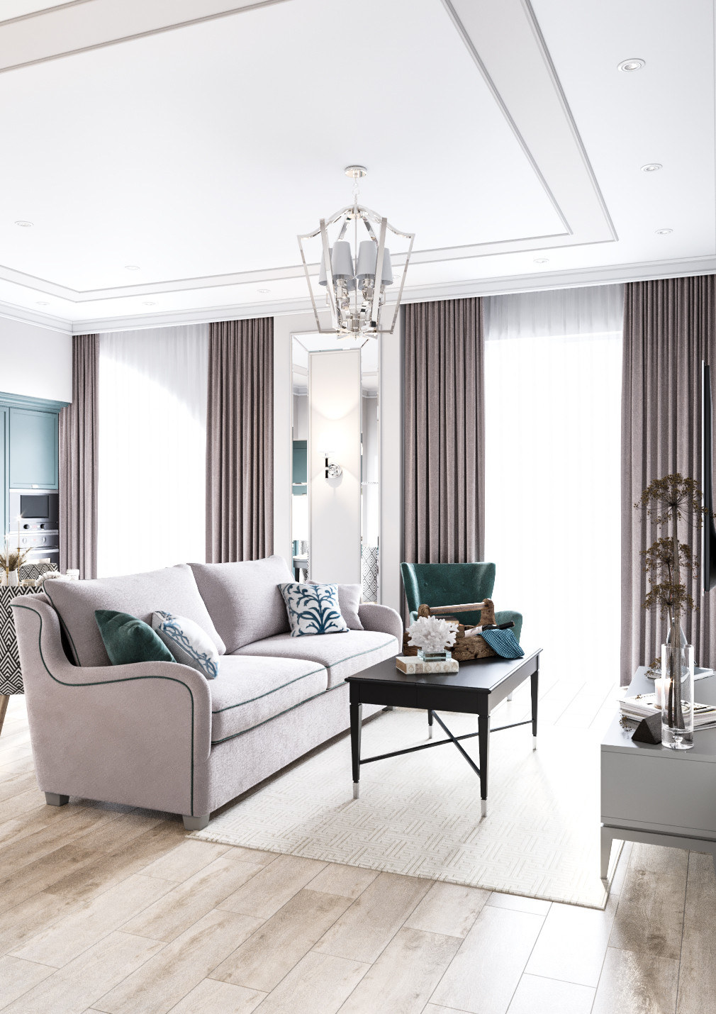 Дизайн интерьера в неоклассике с зелеными акцентами