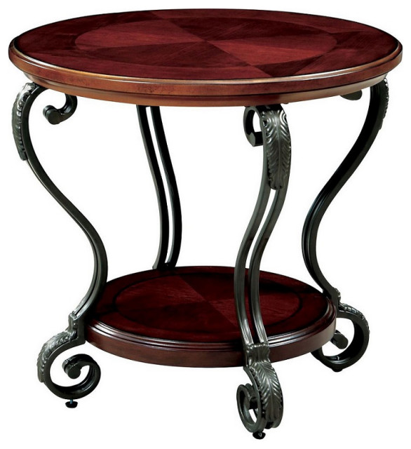 Wooden Table With Metal Frame, Brown Cherry Finish, End Table