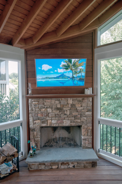 Brazilian Hardwood Shiplap Fireplace american-traditional-veranda