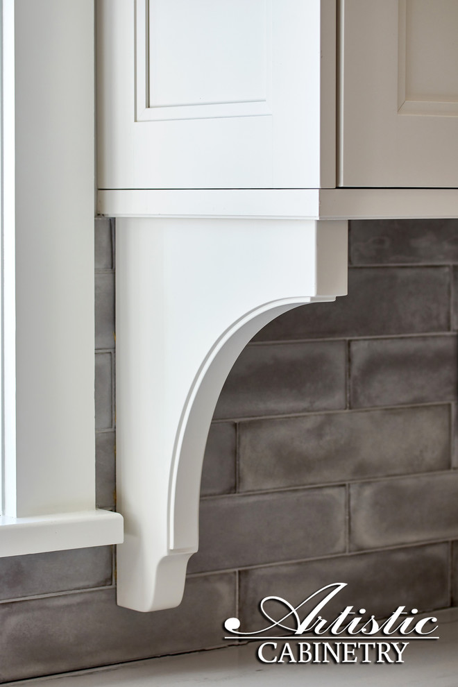 Mid-sized transitional u-shaped porcelain tile and beige floor open concept kitchen photo in New York with a farmhouse sink, shaker cabinets, white cabinets, quartzite countertops, gray backsplash, porcelain backsplash, stainless steel appliances, an island and gray countertops