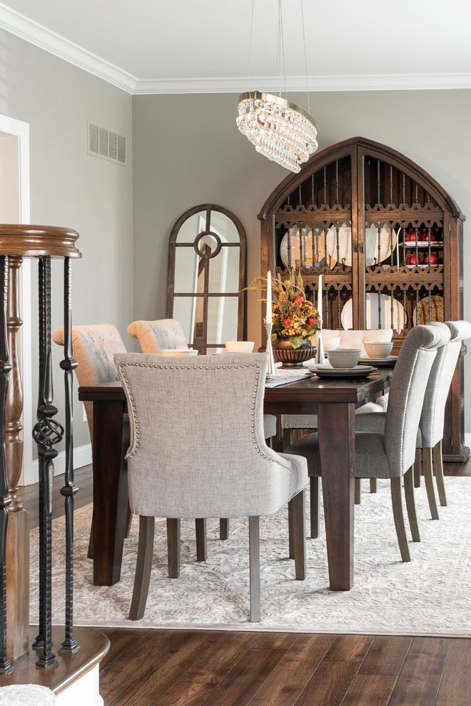 Inspiration for a traditional dining room in St Louis with grey walls, dark hardwood floors and brown floor.