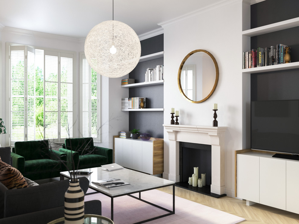 Transitional living room in London with white walls, a standard fireplace, a freestanding tv and beige floor.