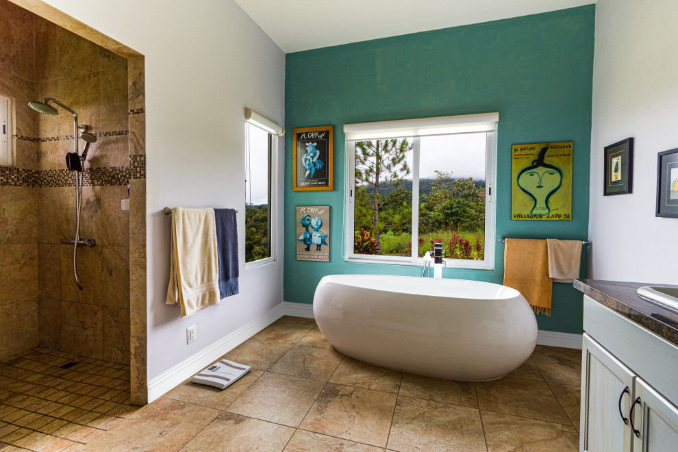 Inspiration for a mid-sized eclectic master bathroom in Los Angeles with a freestanding tub, an open shower, brown tile, ceramic tile, white walls, ceramic floors, an integrated sink, brown floor, an open shower and brown benchtops.