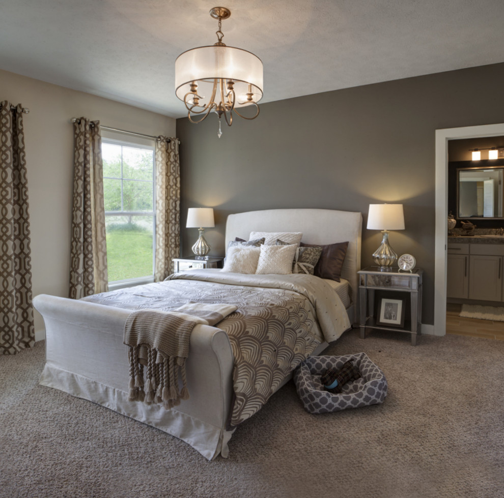 Bedroom - mid-sized transitional master carpeted bedroom idea in Other with gray walls
