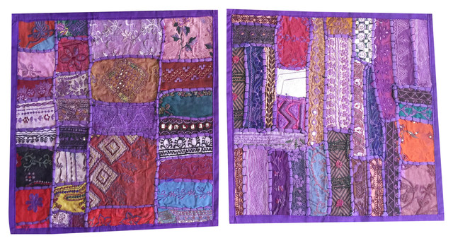 Designer Throw Pillow Sham Purple Vintage Patchwork Embroidered Cotton Cushion C