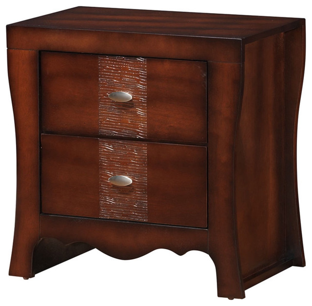 Transitional Nightstand, Curved Silhouette & 2 Drawers With Chrome Oval