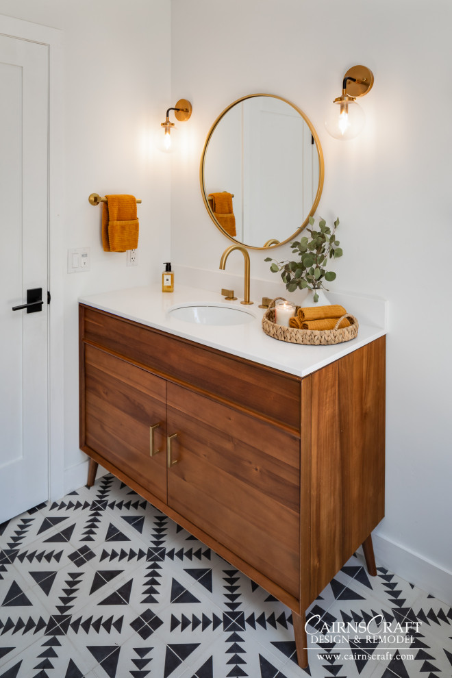 Photo of a medium sized modern shower room bathroom in San Diego with brown cabinets, a two-piece toilet, white walls, a submerged sink, a hinged door, a wall niche, a single sink and a freestanding vanity unit.