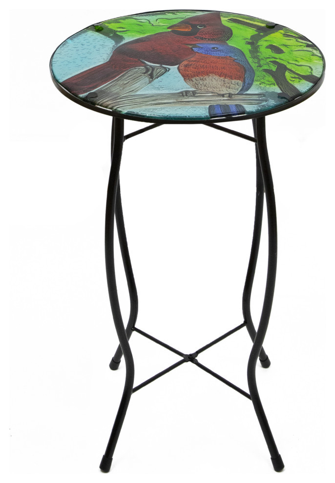 19" Blue and Red Cardinal Glass Patio Side Table Tropical Outdoor