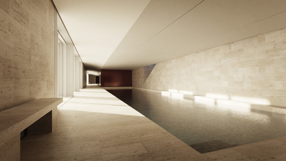 Foto de piscina campestre grande interior y rectangular con adoquines de piedra natural