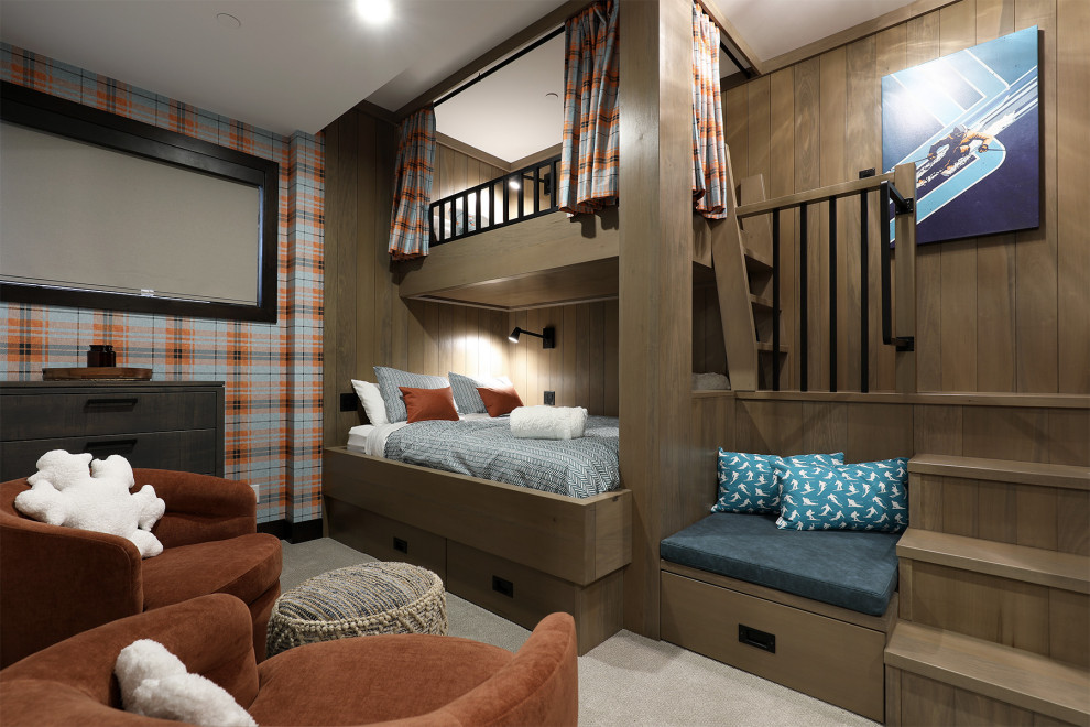 Bedroom and large mountain style gender-neutral carpeted, gray floor and wallpaper kids' bedroom photo in Vancouver with multicolored walls