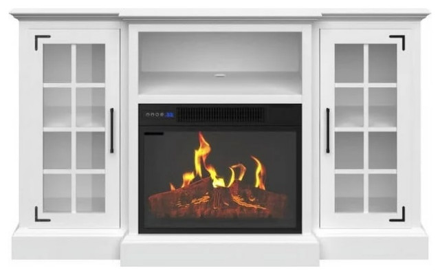 White Tall TV Stand with Electric Fireplace and Side Windowpane Glass Doors - Transitional ...