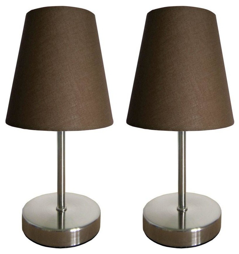 Simple Designs Sand Nickel Mini Basic Table Lamps, Fabric Brown Shade 2-Pack Set