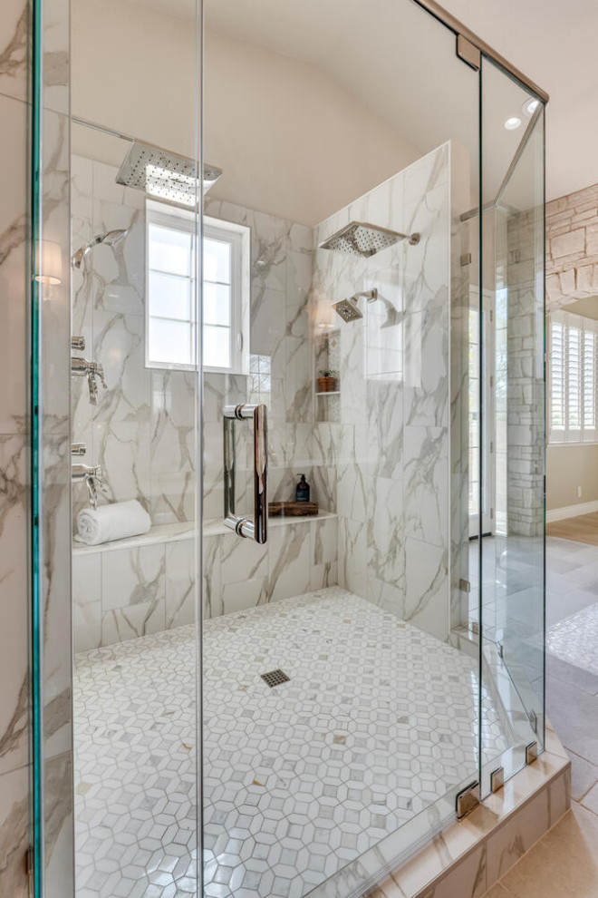Inspiration for a large mediterranean master bathroom in Other with shaker cabinets, dark wood cabinets, a freestanding tub, a double shower, an undermount sink, grey floor, a hinged shower door, white benchtops, a shower seat, a double vanity, a built-in vanity and vaulted.