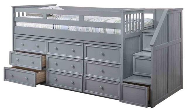 Marlena Grey Twin Storage Low Loft Bed, Tree House Loft Twin Bed With Drawers In Rustic Grey