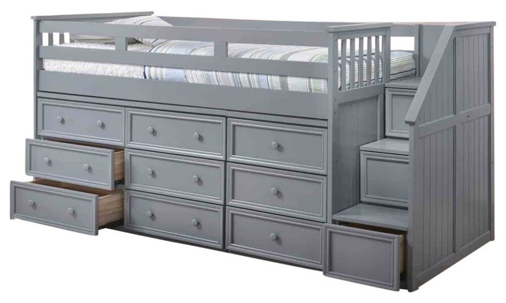 Marlena Grey Twin Storage Low Loft Bed with Stairs Transitional