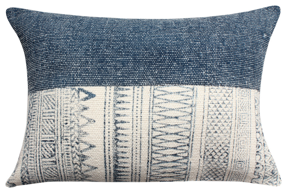 24 x 16 Handwoven Cotton Accent Pillow with Block Print, Gray and White
