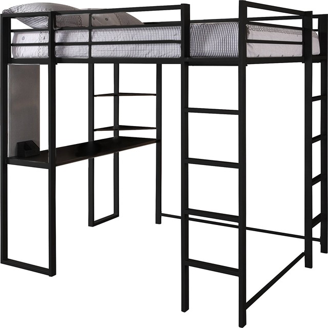 Modern Full Size Loft Bed Metal Frame Desk Shelves 2 Ladders