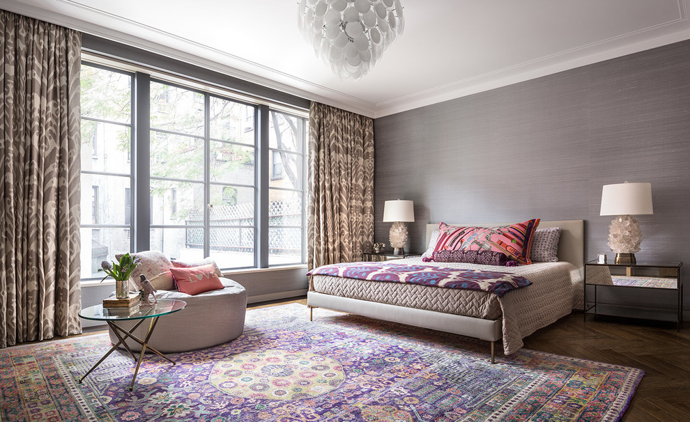 Inspiration for a contemporary master bedroom in New York with purple walls, dark hardwood floors and no fireplace.