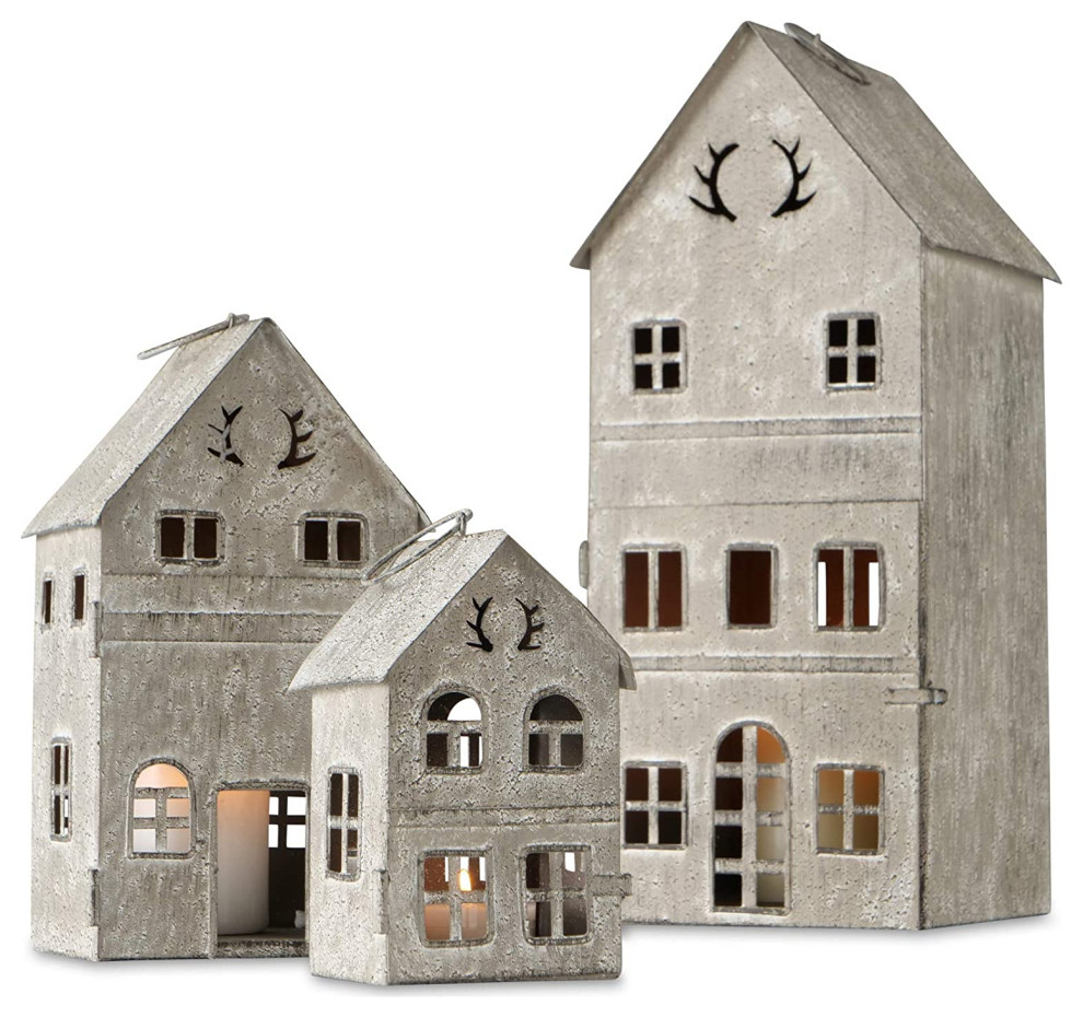 Main Street Town House Candle Lanterns Set Of 3 - Rustic White Metal With Heart Details - View #5