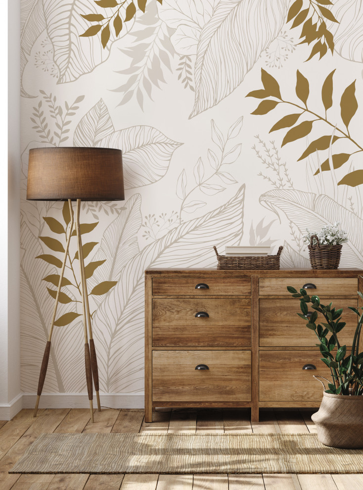 Hand Drawn Floral Leaves Peel and Stick Vinyl Mural Wallpaper, Gold, 24"x96"