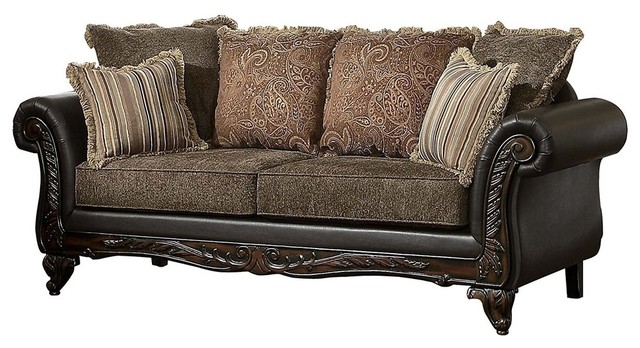 Traditional Fl Sofa Polyester Fabric Solid Wood Frame Pillows Brown Vinyl