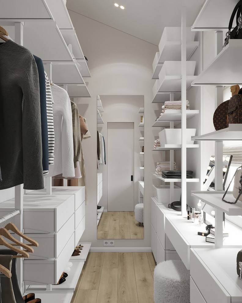Inspiration for a small contemporary women's walk-in wardrobe in Moscow with open cabinets and white cabinets.