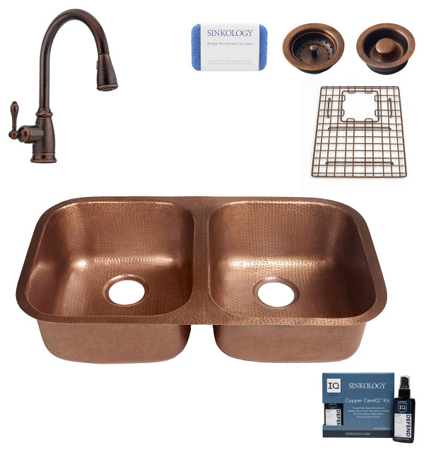 Kandinsky 32.25" Undermount Copper Kitchen Sink, Canton Faucet and Drains