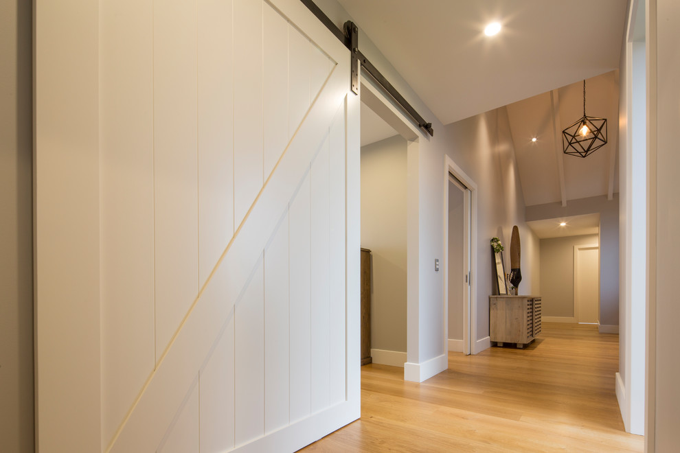 Photo of a mid-sized contemporary foyer in Other with grey walls, medium hardwood floors, a double front door, a dark wood front door and brown floor.