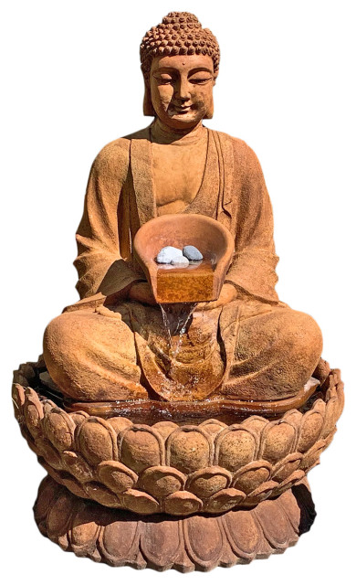 Sitting Lotus Buddha Fountain - Deep Rust