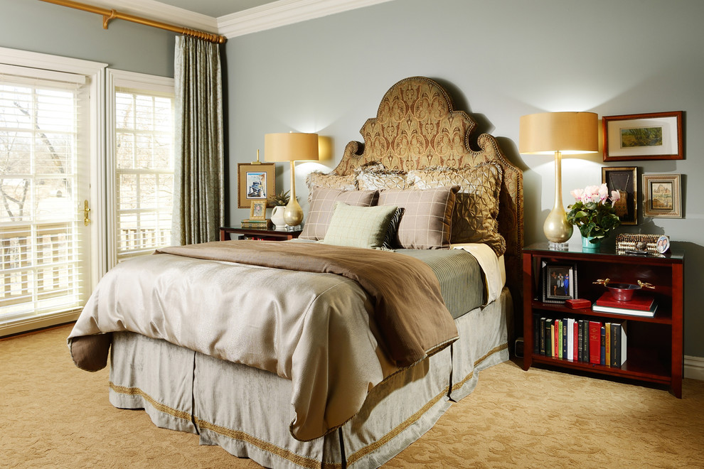 Design ideas for a mid-sized traditional master bedroom in Other with blue walls, carpet and no fireplace.