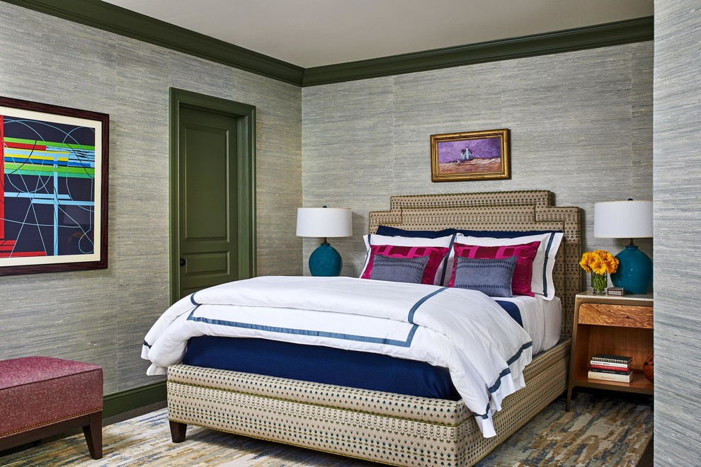 Bedroom - small eclectic master dark wood floor and brown floor bedroom idea in Boston with gray walls
