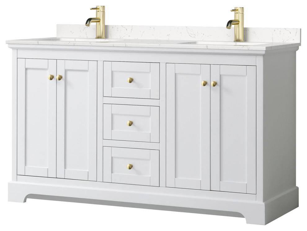 Avery 60" Double Vanity, White, Carrara Cultured Marble Top, Gold Trim