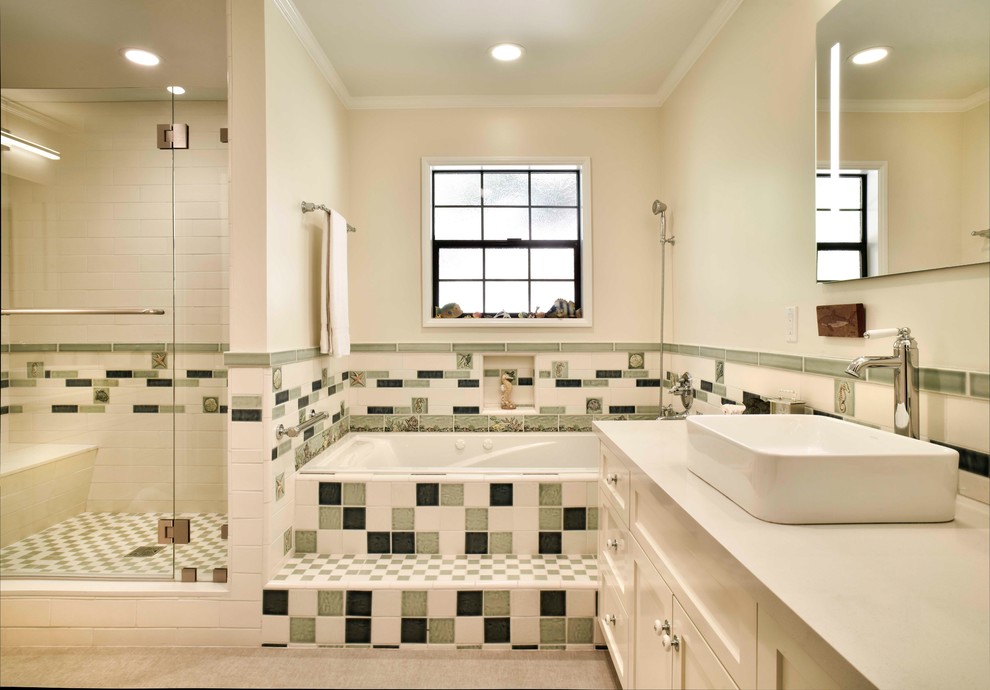 Design ideas for a mid-sized eclectic master bathroom in Los Angeles with shaker cabinets, white cabinets, a hot tub, multi-coloured tile, white walls, vinyl floors, a vessel sink, beige floor, a hinged shower door and white benchtops.