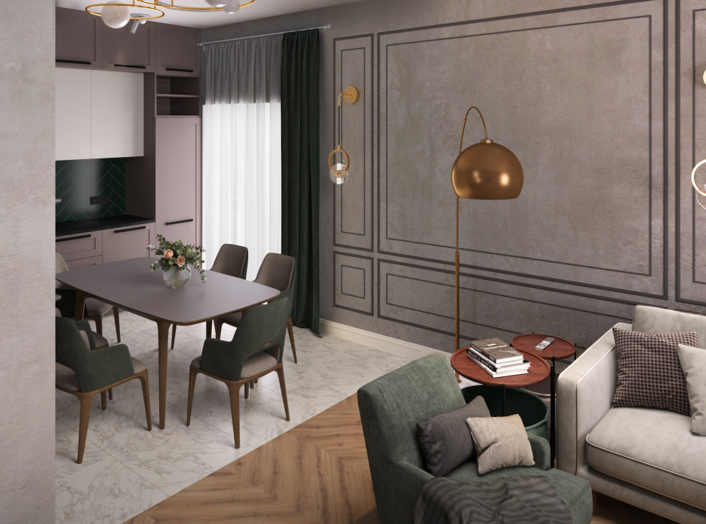 Визуализация кухни-гостиной и спальни в коттедже