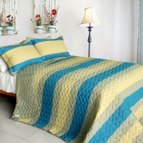 [Endless Horizon] 3PC Vermicelli-Quilted Patchwork Quilt Set (Full/Queen Size)