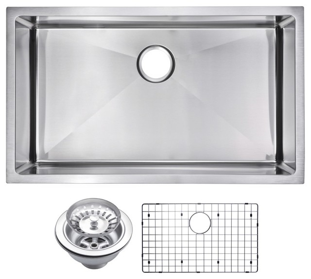 Corner Radius Single Bowl Undermount Sink With Drain, Strainer, And Bottom Grid