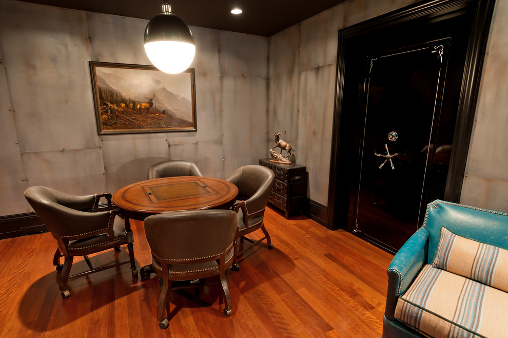 Riverton - Ewell - Mid-sized elegant underground medium tone wood floor and orange floor basement photo in Salt Lake City with gray walls and no fireplace