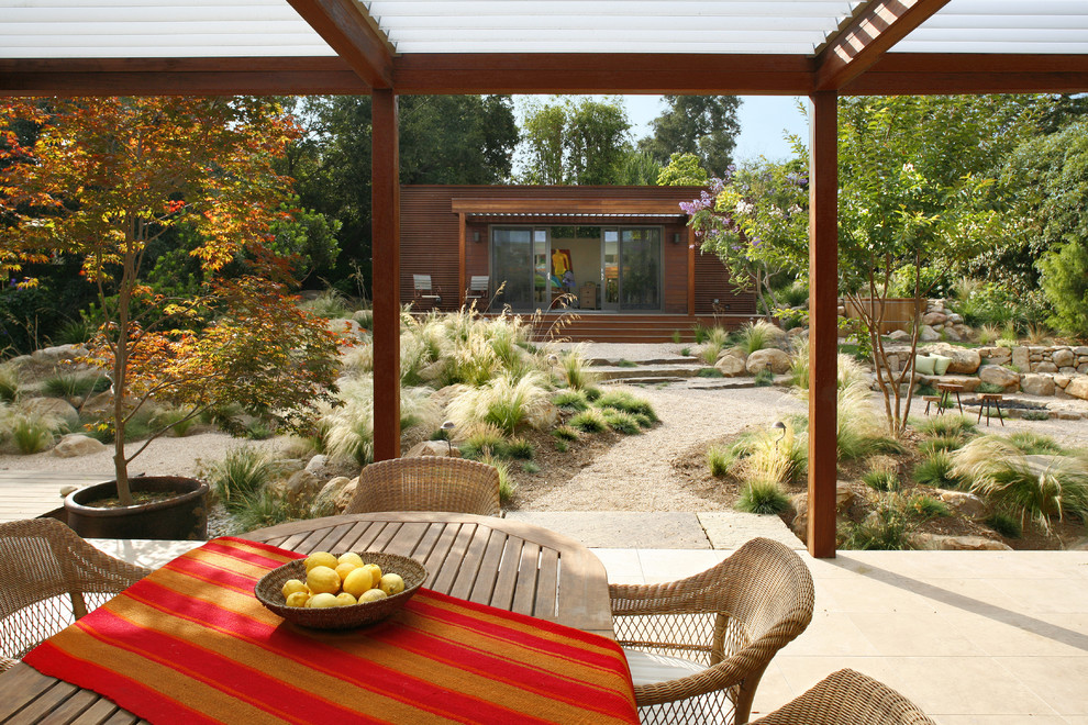 This is an example of a large modern backyard patio in Santa Barbara with gravel and an awning.