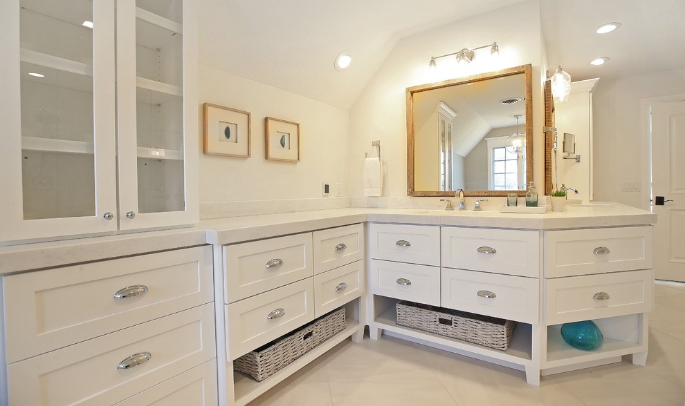 Bathroom - mid-sized transitional master porcelain tile bathroom idea with shaker cabinets, white cabinets and marble countertops